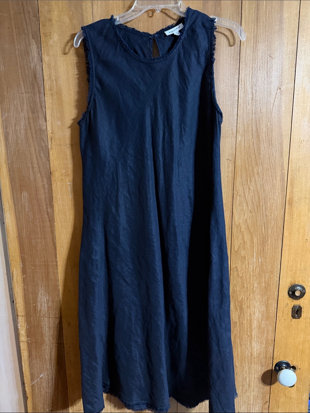 Magaschoni navy 100% linen dress. Raw hem, neck, and armholes. Large
